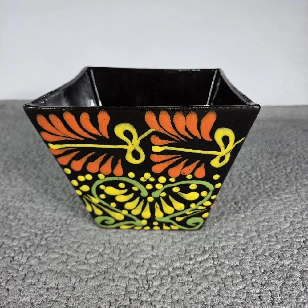 Black Square Planter Hand Painted Mexican Art Clay Pot